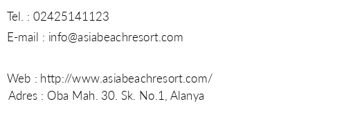 Asia Beach Resort & Spa telefon numaralar, faks, e-mail, posta adresi ve iletiim bilgileri